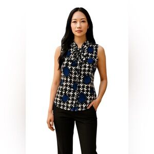 Tahari ASL Black Royal Blue White Sleeveless Tie Neck Blouse Size Small